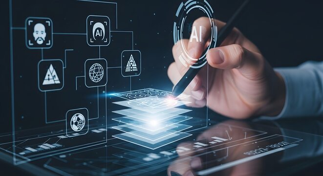 Exploring artificial intelligence and data analysis with modern tech and touchscreen devices for business solutions.