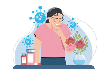 Woman experiencing a cough near flowers, surrounded by virus icons, with medicines on table, flat style on white background. Concept of seasonal allergies. Vector illustration