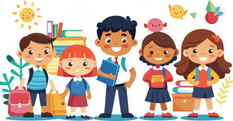 An illustration featuring diverse school children, often depicted in playful or educational scenarios, symbolizing learning, friendship, and childhood