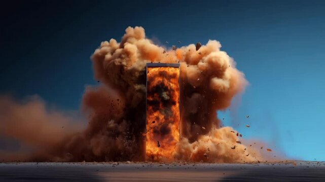 Explosion creates a cloud of smoke and debris as a door blasts open in a dramatic display during a controlled demolition event