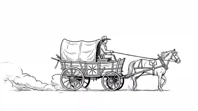 Animated cowboy riding horse pulling covered wagon detailed black and white illustration of vintage western transport on white backdrop
