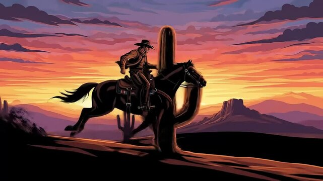 Animated cowboy riding horse through desert landscape at sunset vector illustration capturing the spirit of the wild west and freedom of the open road