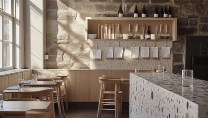 Modern Restaurant Interior with Natural Light, Stone Wall, and Terrazzo Bar