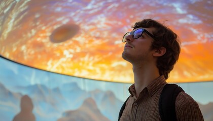 Young Man Looking Up at Immersive Science and Technology Exhibit