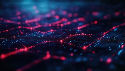 Abstract Digital Network with Glowing Red Data Connections and Blue Cyber Points