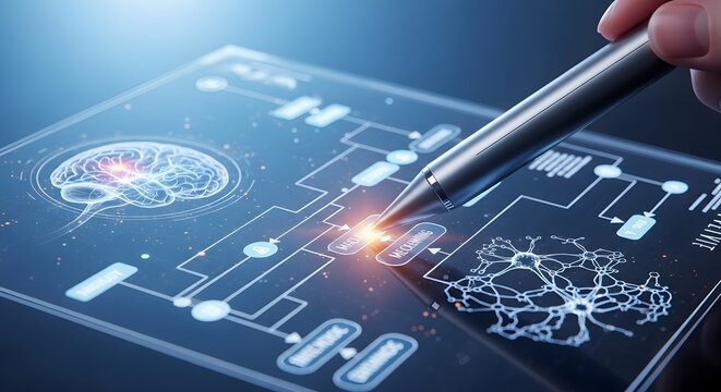 Digital pen interacts with a human brain data interface for science and technology advancements on screen.