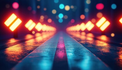 Futuristic Neon Path with Glowing Cyberpunk Lights and Vibrant Bokeh Background
