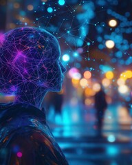 Digital Brain AI Wireframe with Glowing Neural Network in Futuristic City Night
