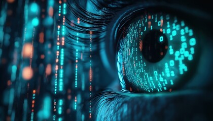 Macro Human Eye with Digital Data Overlay Representing Technology, AI, and Future Vision