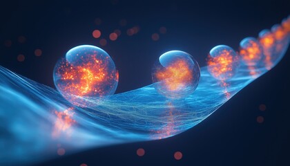 Abstract Concept of Data or Energy Flow with Glowing Spheres on a Digital Wave