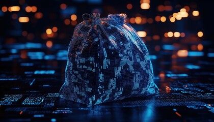 Digital Money Bag with Glowing Binary Code on Cyber Background Tech Finance and Data Secu
