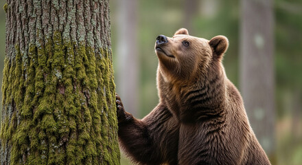 A brown bear standing next to a tree trunk looking up with a blurred forest background in daylight outdoors