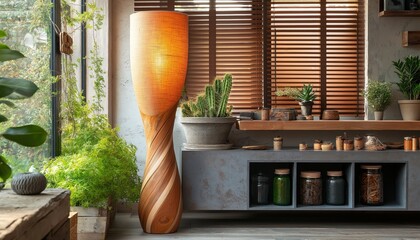 Cozy Biophilic Living Room with Unique Wooden Floor Lamp and Natural Greenery