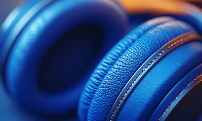 Blue headphones mockup with textured leather pads and warm background

