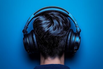 Person wearing black headphones mockup viewed from behind on blue background

