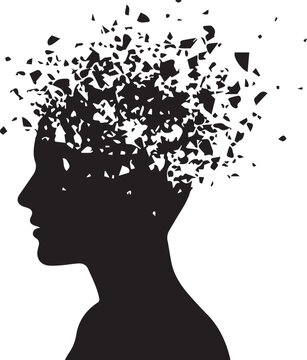 Vector art of a silhouette of a head exploding into countless fragments isolated on transparent background