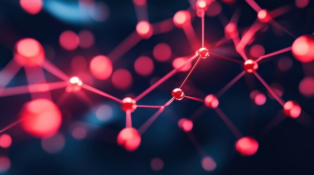 Abstract close-up of a vibrant red molecular structure with glowing nodes interconnected by strands, showcasing the beauty of science and technology in a digital art style.