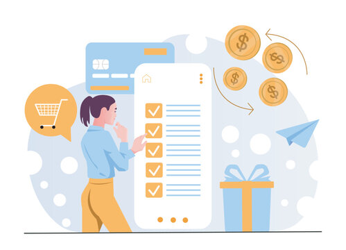 A woman interacts with a checklist on a smartphone screen, surrounded by money, credit card, shopping cart, and gift icons on a light abstract background. Vector illustration