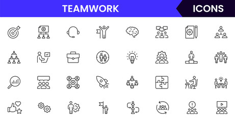 Teamwork vector web line icon collection, sleek illustrations of collaboration, groups, handshakes, unity for dynamic, cooperative designs.