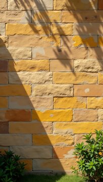 Textured sandstone cladding with warm yellow and ochre tones, sunlight casting gentle shadows&mdash;ideal for heritage buildings, temples, and eco-friendly design.

