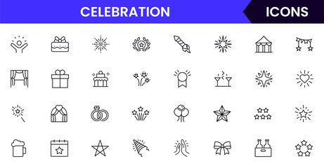 Celebration vector web line icon collection, sleek illustrations of balloons, confetti, cakes, gifts for vibrant, festive event designs.