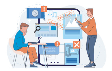 Two men dealing with cancelled digital content, including videos, articles, and images, in flat cartoon style on white background. Concept of media censorship. Vector illustration