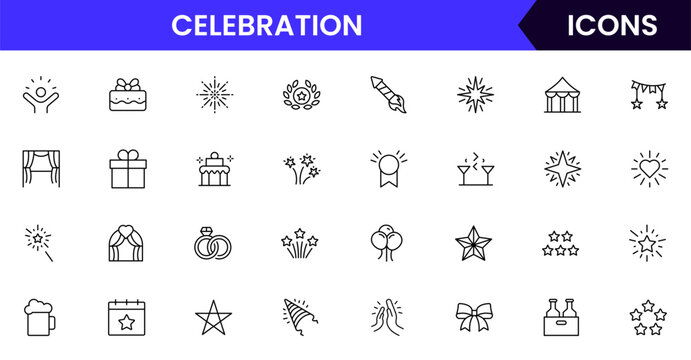 Celebration vector web line icon collection, sleek illustrations of balloons, confetti, cakes, gifts for vibrant, festive event designs.