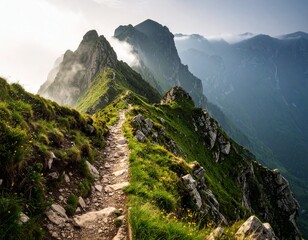 Stunning Mountain Ridge Trail with Clouds and Lush Greenery