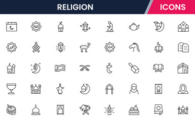 Vector illustration web line icon collection for Religion, featuring sacred symbols, rituals, and spiritual elements, designed with clean lines and modern aesthetics.