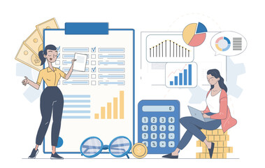 Two women working with financial documents, charts, and calculator in a modern flat style on white background. Concept of business planning and data analysis. Vector illustration
