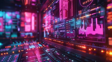 Futuristic digital dashboard with vibrant graphs and data visualizations.