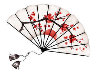 Traditional watercolor hand fan with plum blossoms and red sun. Ink style painting with tassels. Ideal for Asian-themed decoration, packaging, or greeting card compositions.