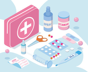 Medical first aid kit with pills, spray, vitamins, syringe, thermometer, and scissors in flat isometric style on a light background. Concept of healthcare. Vector illustration