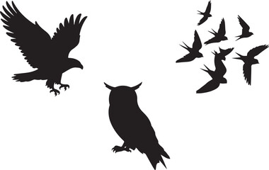 Obraz premium Flying and Perching Bird Silhouette Set Crow and Sparrow Vector Silhouettes Bundle Black Bird Clipart Collection – Flying & Branch Poses