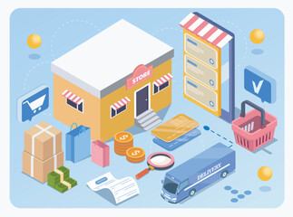 Online store concept with delivery truck, credit cards, mobile shopping interface, packages, and money elements on a blue background. Vector illustration