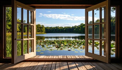 Fototapeta premium Tranquil lake view from a wooden cabin