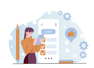 Woman using a digital tablet to take an online exam, with checklist and interface icons, shown in flat style on a light abstract background. Concept of e-learning. Vector illustration
