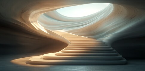 Futuristic Abstract Cave Entrance with Curved White Staircase and Bright Light