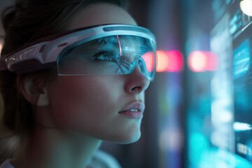 Young woman with smart glasses interacting with digital content displayed on a screen.
