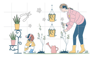 Woman and child gardening with potted plants, tools, and hanging pots in a clean, minimal line art style on a white background. Concept of family activity. Vector illustration