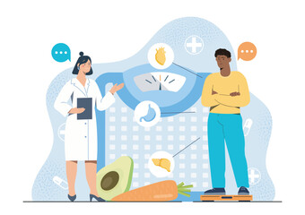 A nutritionist discusses weight and health with a patient. Flat graphic style with medical icons and healthy food on a white background. Concept of diet advice. Vector illustration