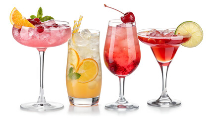 Ultra-HD, hyper-detailed 32K close-up of four colorful tropical cocktails in elegant glassware, each with crystal-clear ice, vibrant liquid, and realistic garnishes. Ideal for premium advertising .