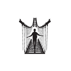 Person on Suspension Bridge Silhouette on White Background – Vector Illustration for Adventure, Solitude, and Scenic Exploration Concepts