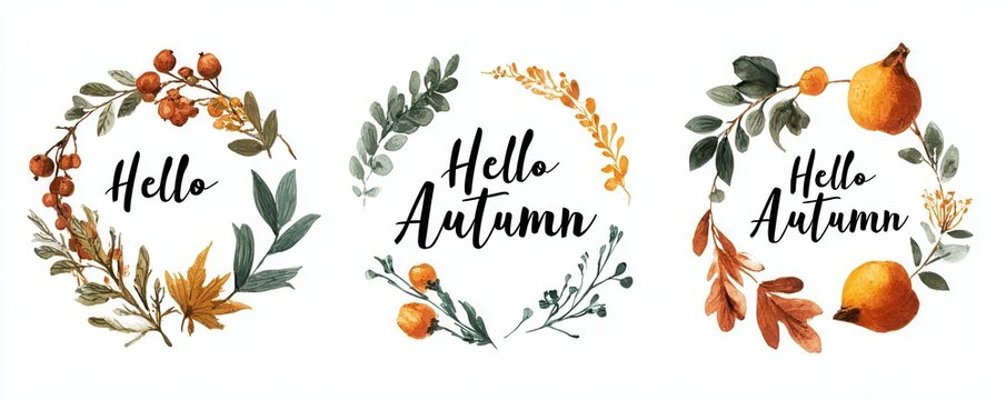 hand drawn hello autumn wreath made of colorful leaves, berries, branches, acorns and pumpkins