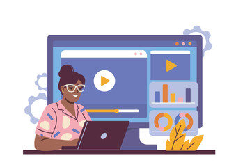 Woman using laptop while watching online video tutorial on large monitor, surrounded by charts and graphs, on white background. Concept of e-learning. Vector illustration