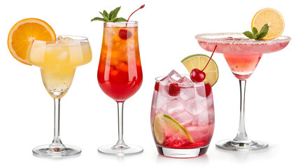 Fototapeta premium Ultra-HD, hyper-detailed 32K close-up of four colorful tropical cocktails in elegant glassware, each with crystal-clear ice, vibrant liquid, and realistic garnishes. Ideal for premium advertising .