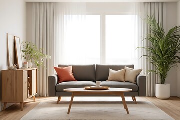 Modern living room with grey sofa and wooden furniture pillows coffee