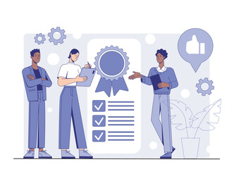 Three business people discussing certification or quality assurance checklist beside a large badge icon, in flat style, on a light background. Concept of teamwork. Vector illustration