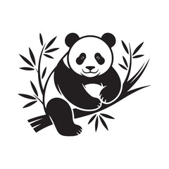 A cute panda sits on a bamboo branch surrounded by leaves