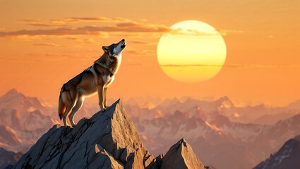 Lone wolf howling at the sun on a rocky mountain peak image